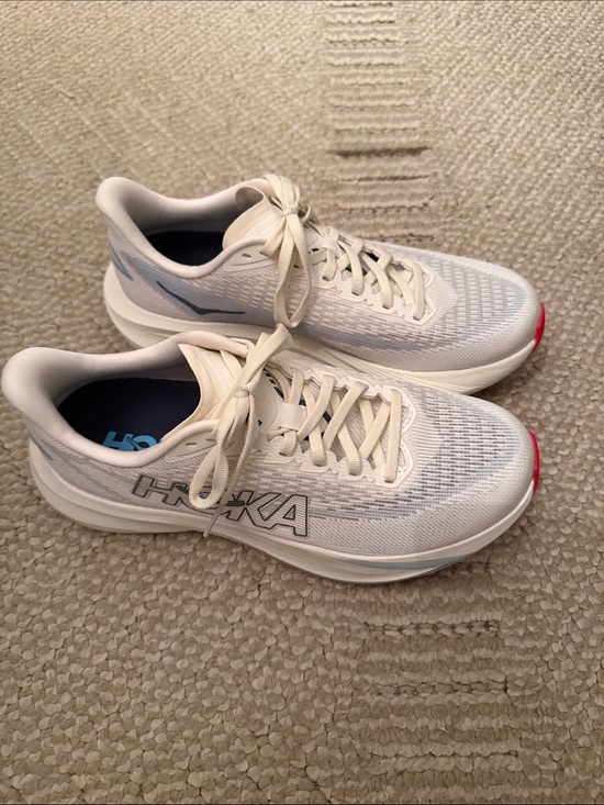 Hoka Shoes - Hoka Men's White Running Shoes with Light Blue Accents and Red Toe